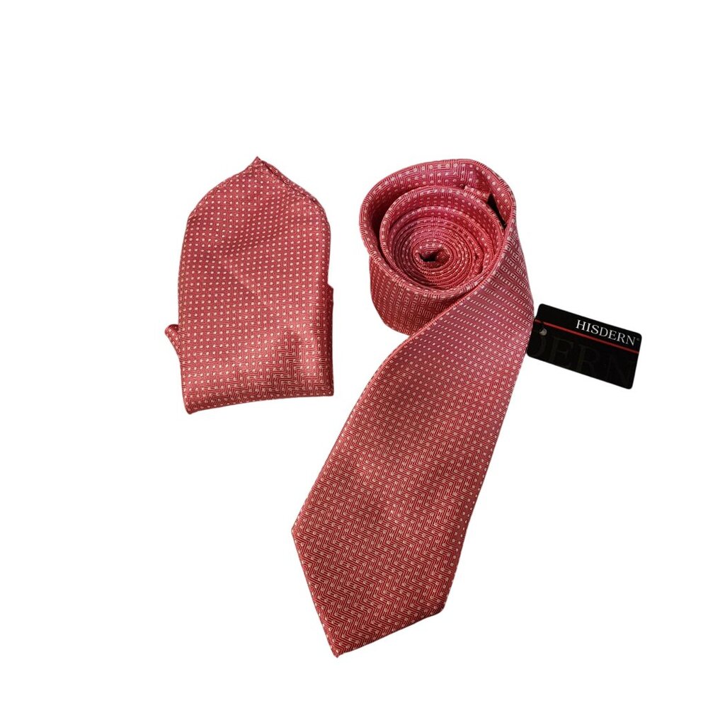 HISDERN Mens Pink Polka Dot Tie & Pocket Square Set For Formal Wear NWT